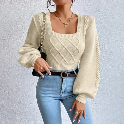 Chic Pull à Col Carré en Maille Torsadée